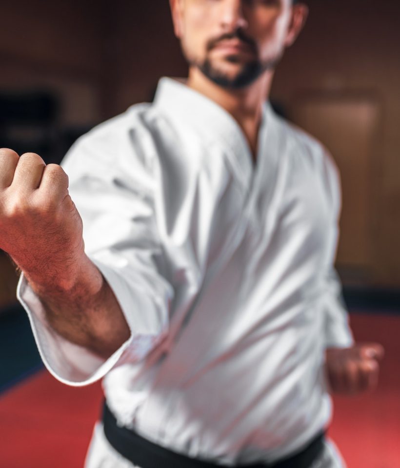 Martial arts, fighter in white kimono, black belt